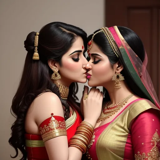 two women in indian clothing kissing each other with their hands on their cheeks and one of them wearing a red and gold saree, by Hendrik van Steenwijk I