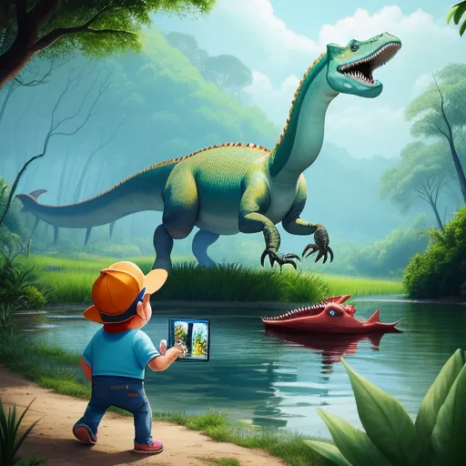 a boy is looking at a dinosaur in the water with a picture frame in his hand and a crocodile in the water, by Mary Anning