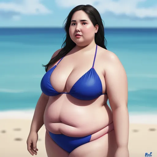 image generator from text - a woman in a blue bikini standing on a beach next to the ocean with a sky background and a blue sky, by Fernando Botero