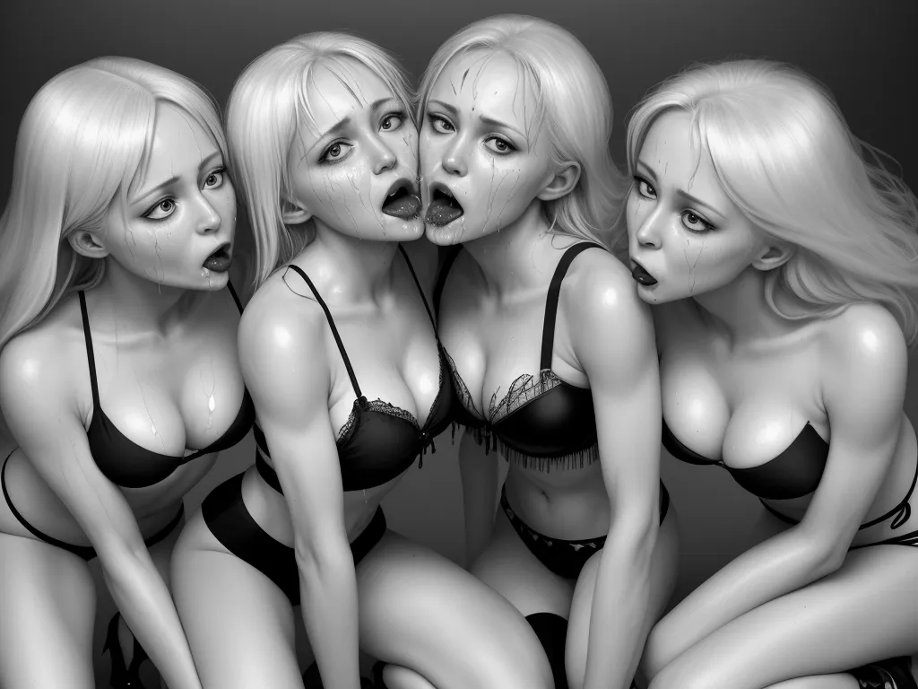 ai generate image - a group of women in lingerie lingerie posing for a picture together with their mouths open and their mouths wide open, by Anton Semenov
