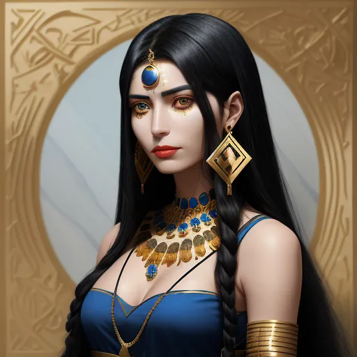 high res images - a woman with long black hair wearing a blue dress and gold jewelry and earrings with a golden frame around her neck, by Tom Bagshaw