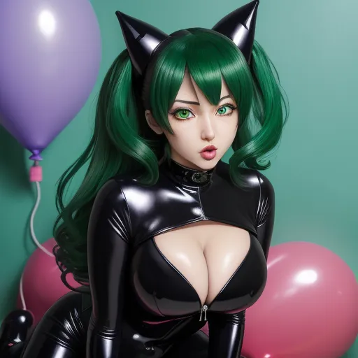 ai image enhancer - a woman with green hair and black catsuits is posing for a picture with balloons and balloons behind her, by Sailor Moon