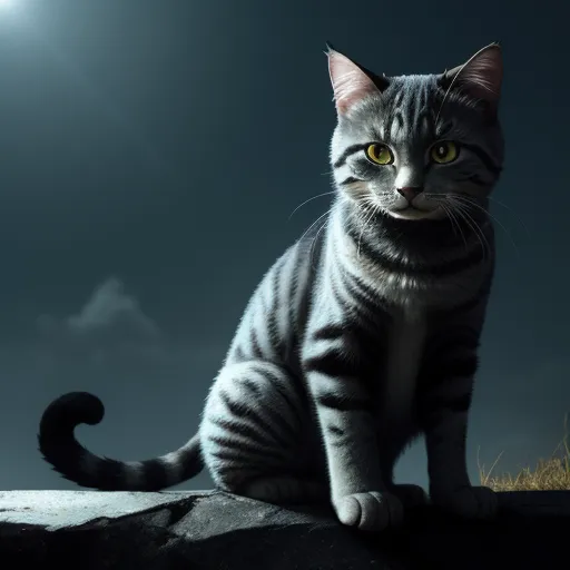 a cat sitting on a rock looking at the camera with a full moon in the background and a dark sky, by Pixar Concept Artists