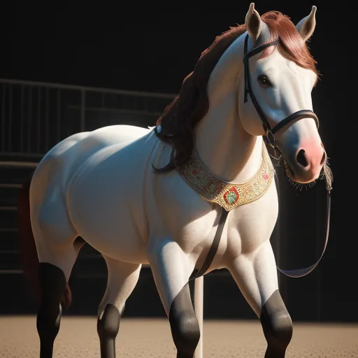 best ai photo enhancement software - a white horse with a red mane and a black bridle on it's head and a black bridle on its neck, by Toei Animations