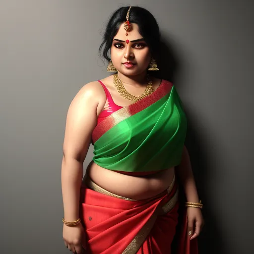 ai image generator dall e - a woman in a green and red sari posing for a picture with her hands on her hips and her right hand on her hip, by Raja Ravi Varma