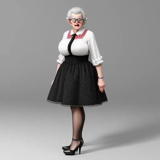 a woman in a dress and glasses poses for a picture in a studio photo shoot with a gray background, by Pixar Concept Artists