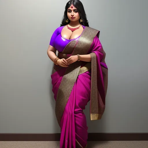 ai your photos - a woman in a purple and gold sari with a big breast and a necklace on her neck and a handbag, by Raja Ravi Varma