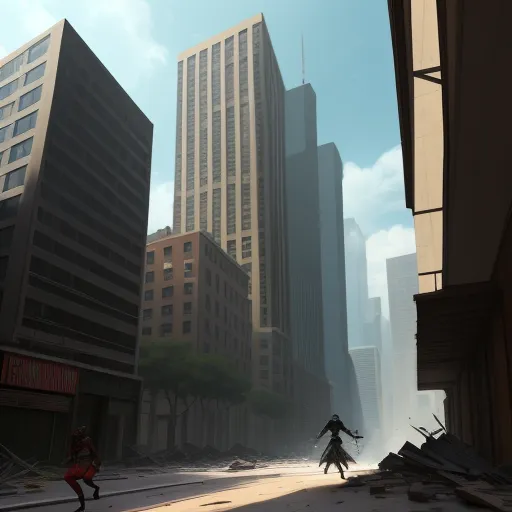 text to.image ai - a man walking down a street next to tall buildings in a city with tall buildings in the background and a person in the foreground, by Goro Fujita