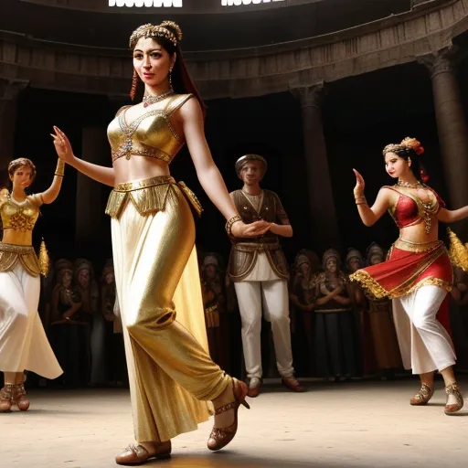 a woman in a gold and white costume dancing with other dancers in a circle behind her in a performance, by Jean-Léon Gérôme