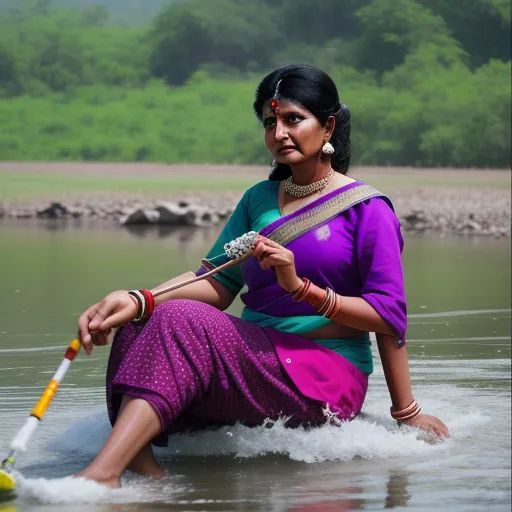 best text-to image ai - a woman in a purple sari is sitting in the water with a stick in her hand and a green shirt on, by Raja Ravi Varma