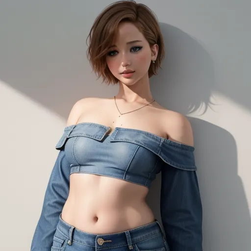 free online upscaler - a woman with a blue jean shirt and jeans on her body is posing for a picture with her hands on her hips, by Hirohiko Araki