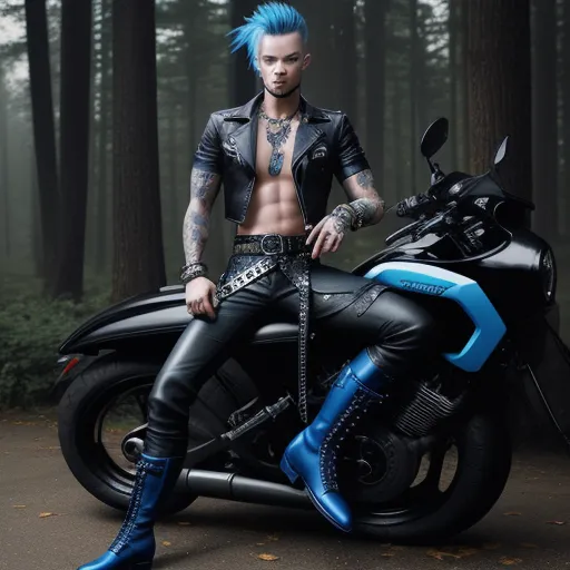a man with blue hair sitting on a motorcycle in the woods with a blue mohawk and leather pants and boots, by Terada Katsuya