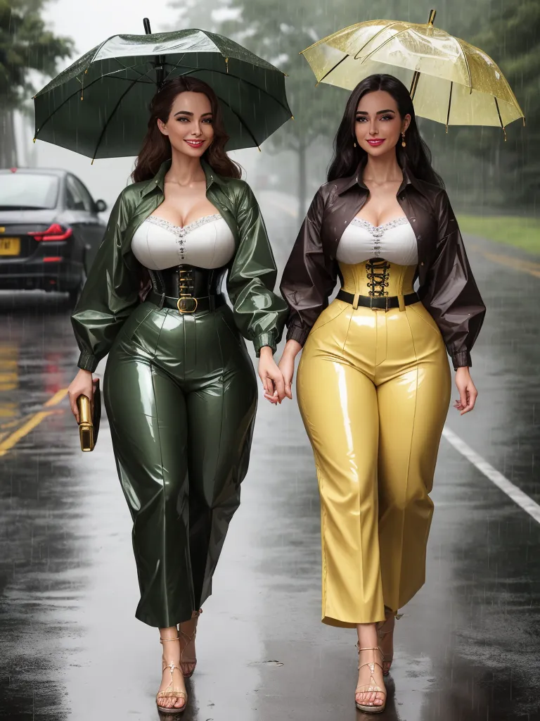 ai text to photo - two women walking down a street in the rain with umbrellas over their heads and one holding an umbrella, by Botero