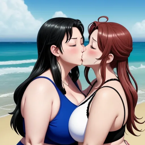 best ai picture generator - a couple of women kissing on a beach next to the ocean and a blue sky with clouds in the background, by Hiromu Arakawa