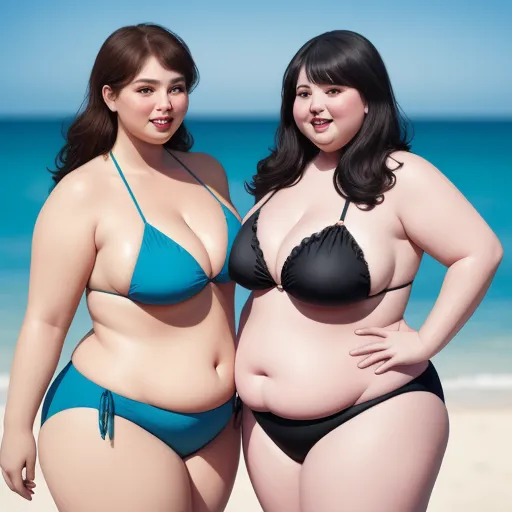 two women in bikinis standing on a beach near the ocean, one of them is fat and the other is fat, by Terada Katsuya