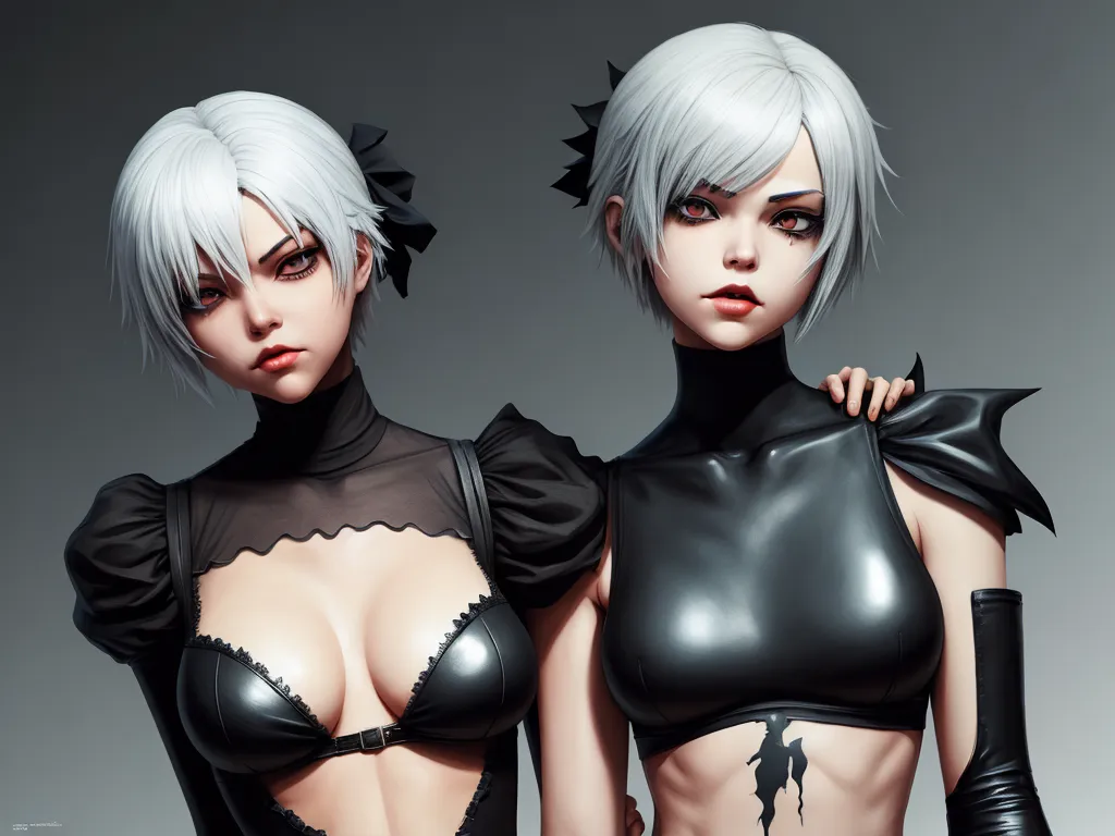 4k resolution picture converter - two women in black catsuits and black gloves are posing for a picture together, both with white hair, by Terada Katsuya