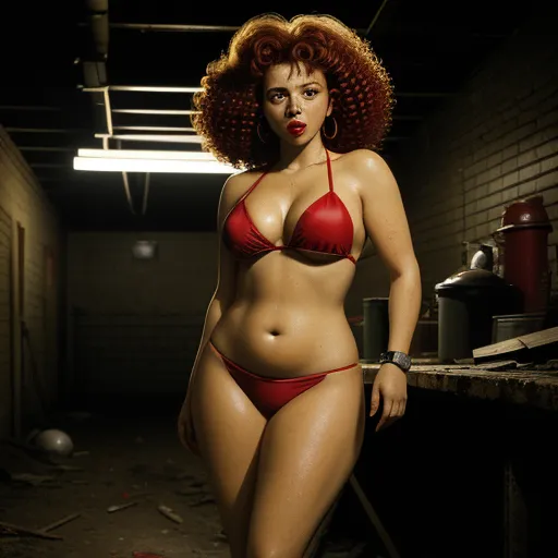 free text to image generator - a woman in a red bikini standing in a room with a brick wall and a counter top with a bottle of wine, by David LaChapelle