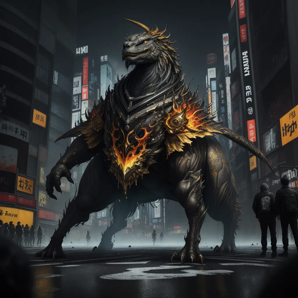a godzilla in a city with people standing around it and a man standing next to it in the foreground, by Jeff Simpson