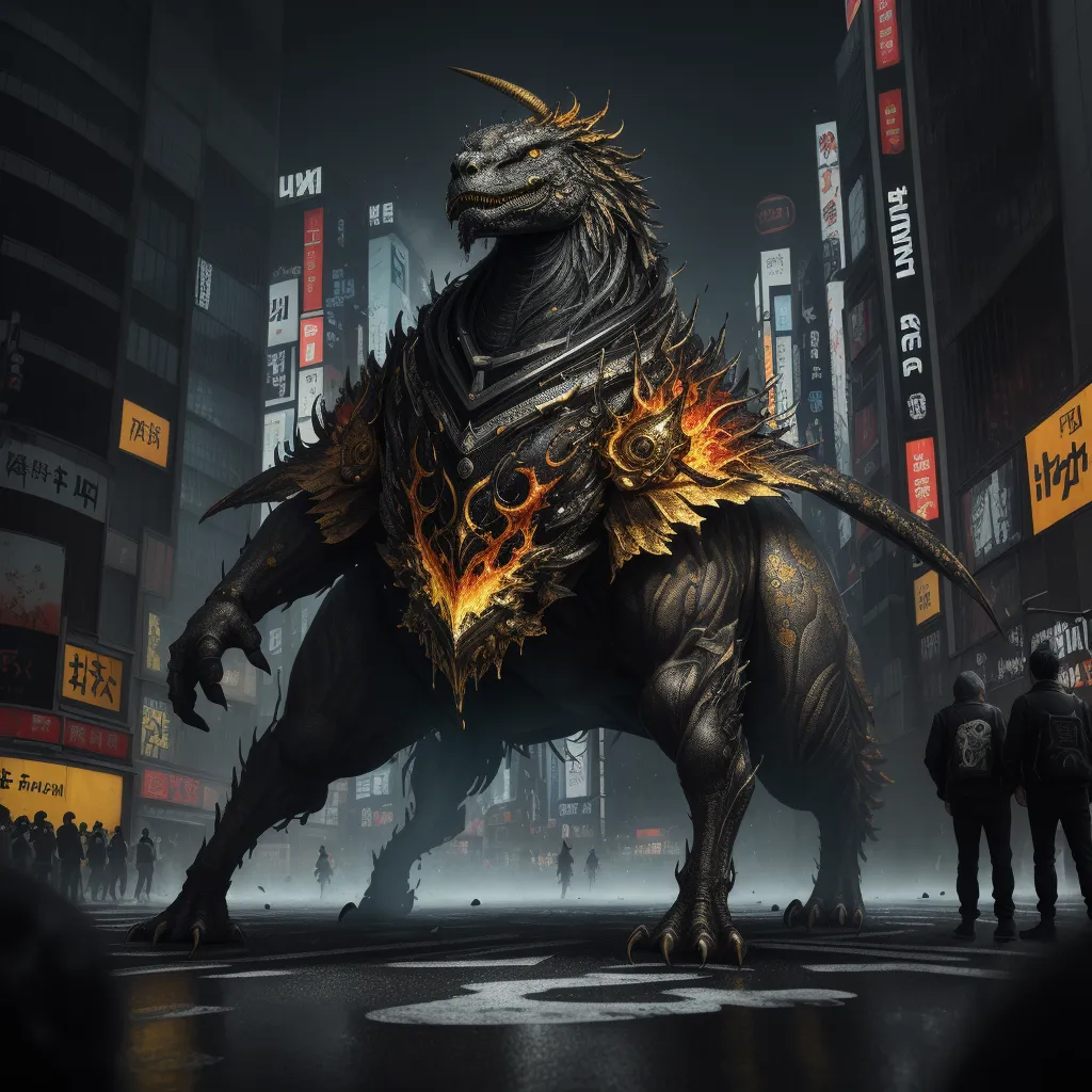 make photos hd free - a godzilla in a city with people standing around it and a man standing next to it in the foreground, by Jeff Simpson