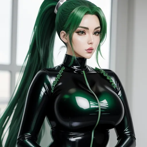 a woman with green hair and a black outfit with a green hair and a black top with a green collar, by Sailor Moon