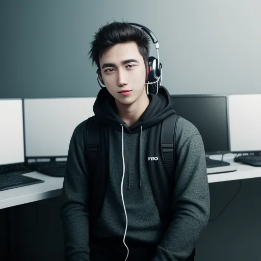 a man wearing headphones sitting in front of a computer desk with two monitors and a laptop computer on it, by Chen Daofu