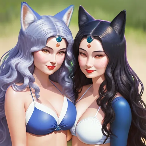 two women in bikinis with cats on their heads and one wearing a cat ears headband and the other wearing a bikini top, by Lois van Baarle