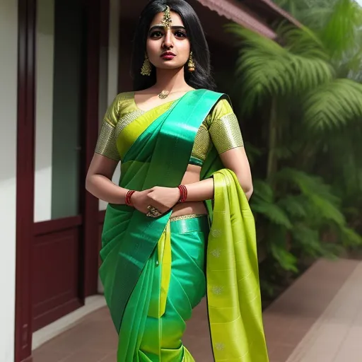 best text-to image ai - a woman in a green and yellow sari with a green blouse and matching blouse with a matching blouse, by Hendrik van Steenwijk I