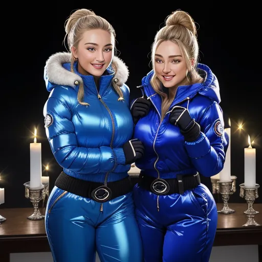 image from text ai - two women in blue outfits posing for a picture together with candles in the background and candles lit up behind them, by David LaChapelle