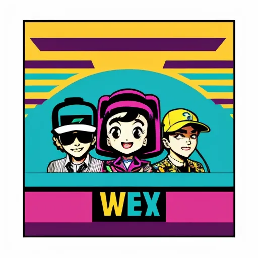 a group of people with hats on and a sign that says wex on it with a picture of three people, by Toei Animations