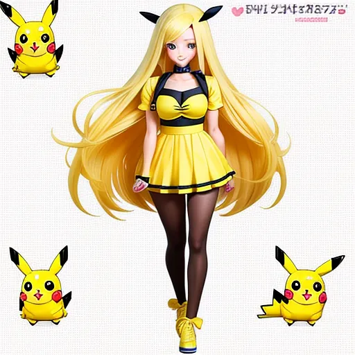 ai photo enhancer - a woman in a yellow dress with long hair and pikachu ears on her head and a yellow dress with black stockings, by Ken Sugimori