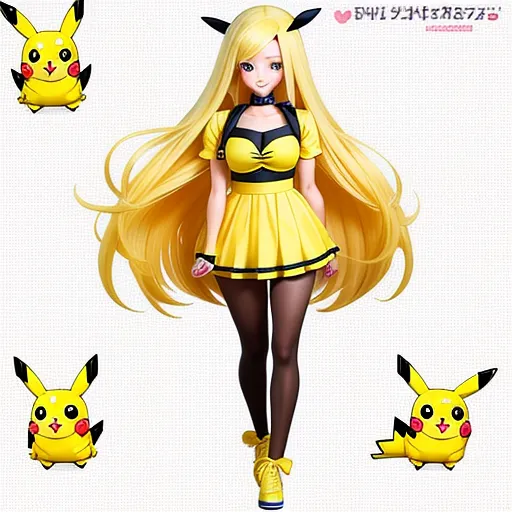 a woman in a yellow dress with long hair and pikachu ears on her head and a yellow dress with black stockings, by Ken Sugimori