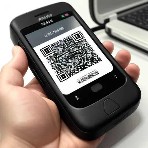 convert photo to 4k - a person holding a cell phone with a qr code on it next to a laptop computer on a desk, by Baiōken Eishun