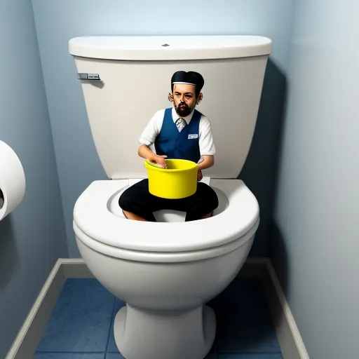a man sitting on a toilet with a bucket in his lap and a roll of toilet paper in his hand, by Pixar Concept Artists