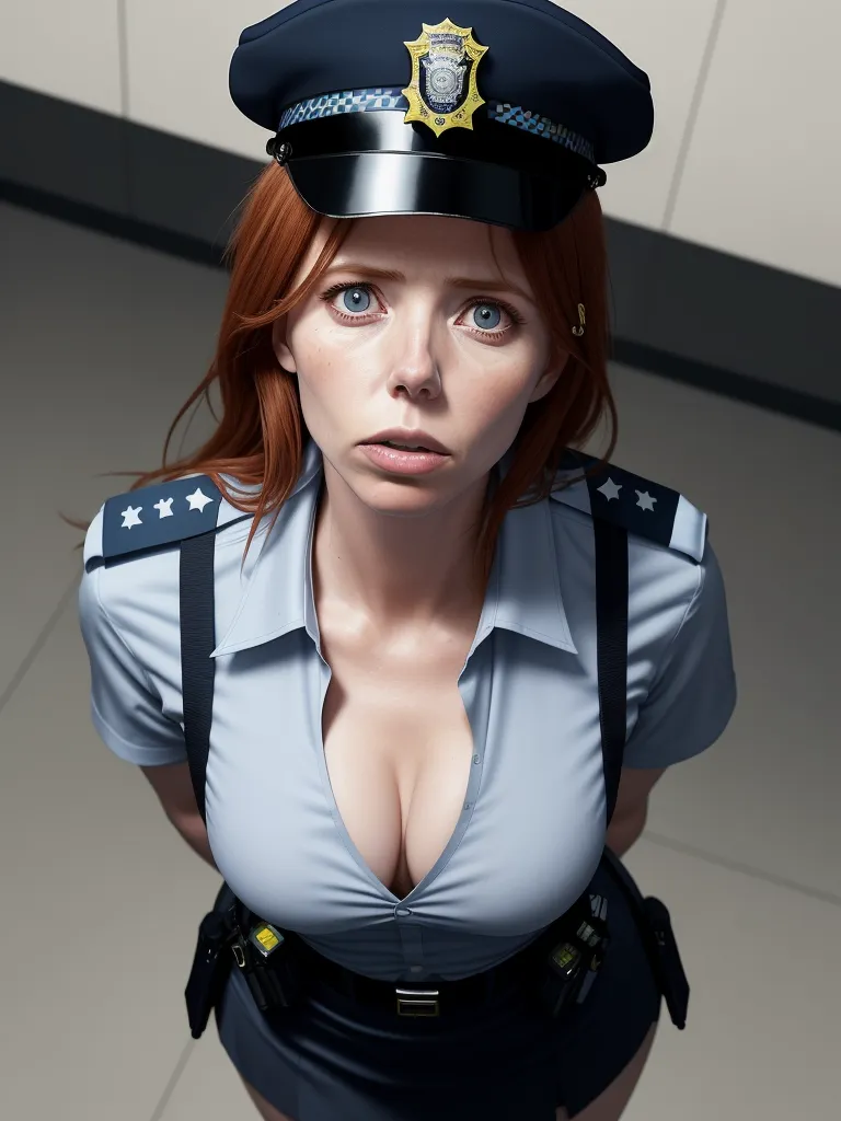 free ai text to image - a woman in a police uniform is posing for a picture with a police cap on her head and a police badge on her chest, by Terada Katsuya