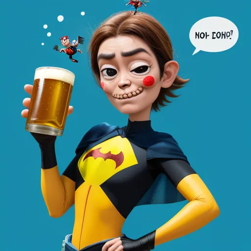 a cartoon character holding a beer glass with a clown nose and nose ring on it's head, with a speech bubble above it, by Jamie Hewlett