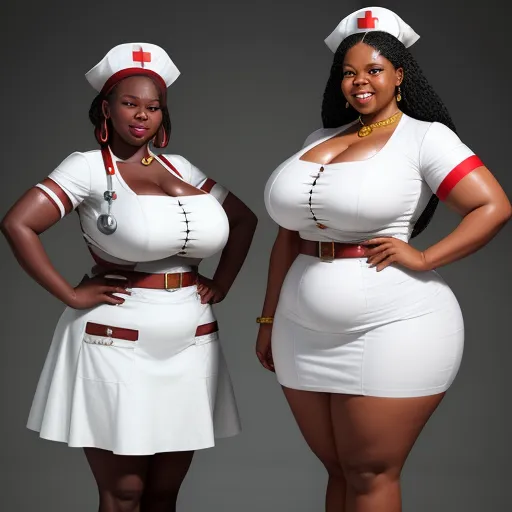 two women dressed in nurses uniforms posing for a picture together, both wearing red cross necklaces and white dresses, by Botero