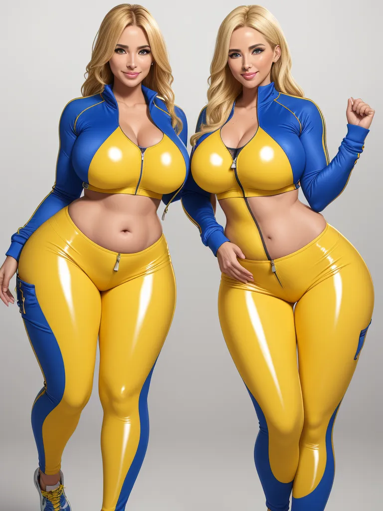 convert image to text ai - two women in yellow and blue outfits posing for a picture together, both of them are very large breasts, by Akira Toriyama
