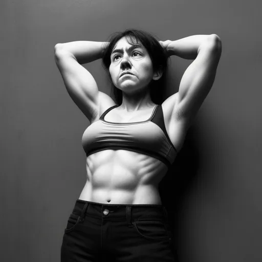 a woman with a very large breast posing for a picture with her hands on her head and her hands on her head, by Bruce Gilden