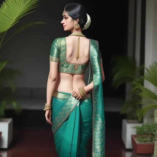 a woman in a green sari and a green blouse with gold jewelry on her neck and shoulders, standing in a room, by Raja Ravi Varma