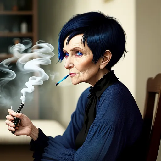 ai that creates any picture - a woman smoking a cigarette in a chair with a blue shirt on and a black shirt on her shoulders, by Billie Waters