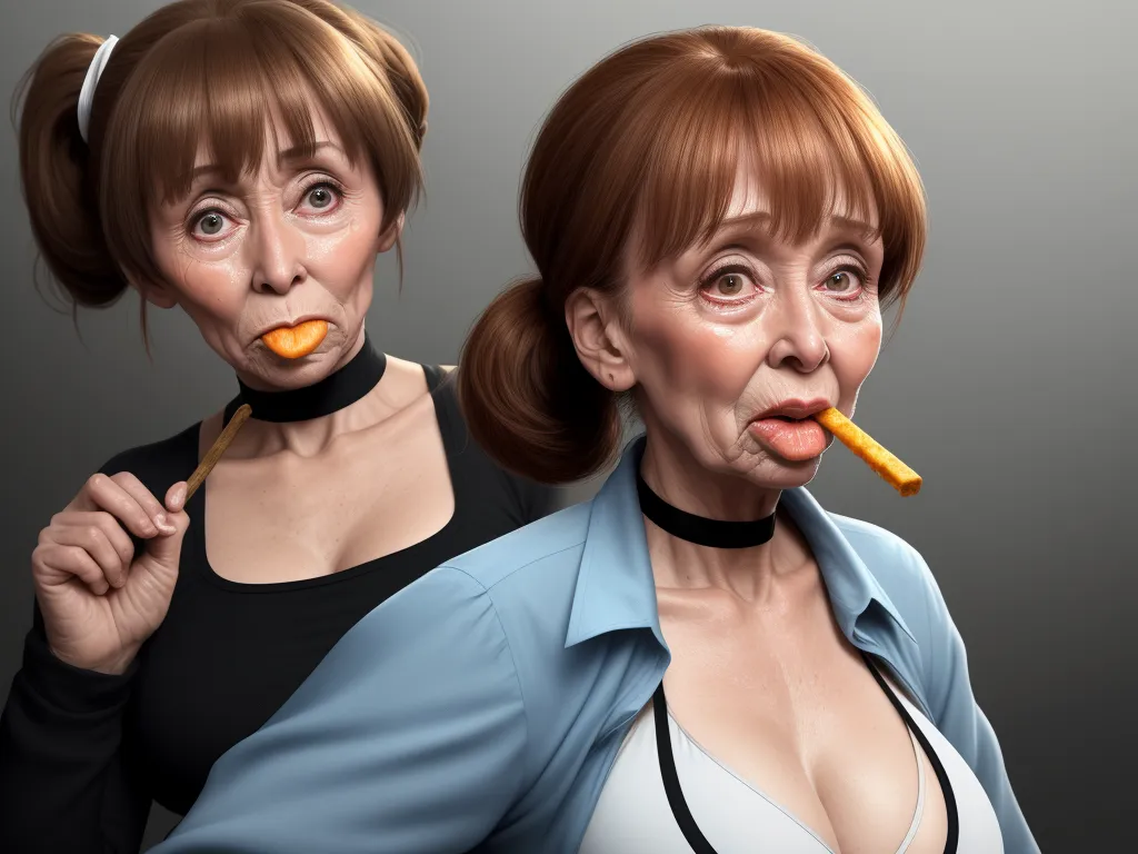 ai text to image - a woman with a piece of food in her mouth and another woman with a piece of food in her mouth, by Pixar Concept Artists
