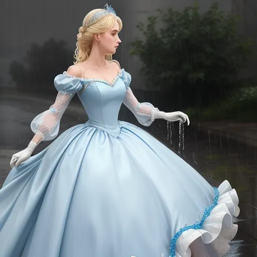 image to text conversion: Cinderella, Wet blonde hair, wet pale blue