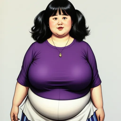 a fat woman in a purple shirt and blue and white skirt with a necklace on her neck and a necklace on her neck, by Rumiko Takahashi