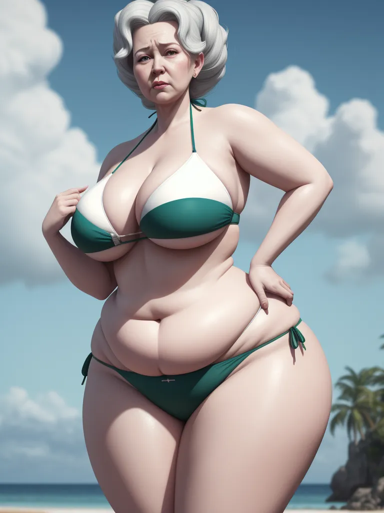 best ai image app - a woman in a bikini standing on a beach next to the ocean with her hands on her hips and her big breast, by Fernando Botero