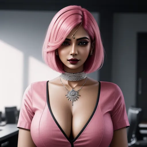 low quality image - a woman with pink hair and a necklace on her neck and chest is posing for a picture in a room, by Hendrik van Steenwijk I