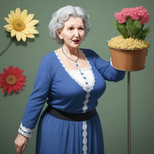 a woman holding a pot of flowers and a stick with flowers on it and a flower arrangement behind her, by Sandy Skoglund