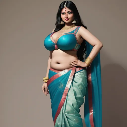 ai create image from text - a woman in a blue and green sari with a big breast and a big breast in a blue sari, by Raja Ravi Varma