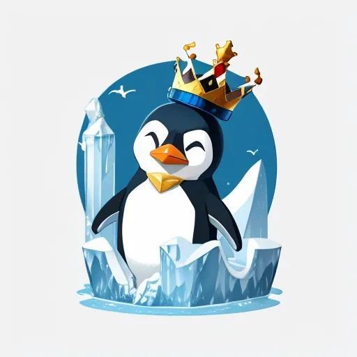 a penguin with a crown on its head standing on icebergs with a penguin on top of it, by Craola