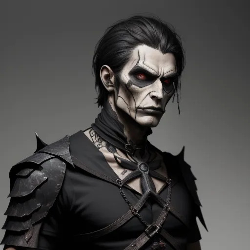 a man with a creepy face and black hair wearing a black outfit with horns and a collar with spikes, by George Manson