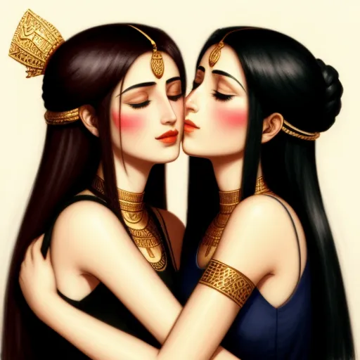 two women are hugging each other with their eyes closed and their arms around each other, both wearing gold jewelry, by Raja Ravi Varma
